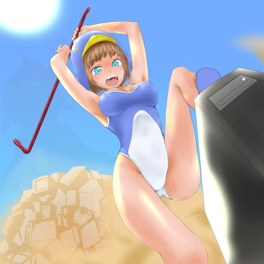 blue_eyes brown_hair character_request commentary_request computer crowbar ecoco ekokuice female from_below giant hat highres holding holding_crowbar junk one-piece_swimsuit penguin_hat short_hair silhouette swimsuit zzzz