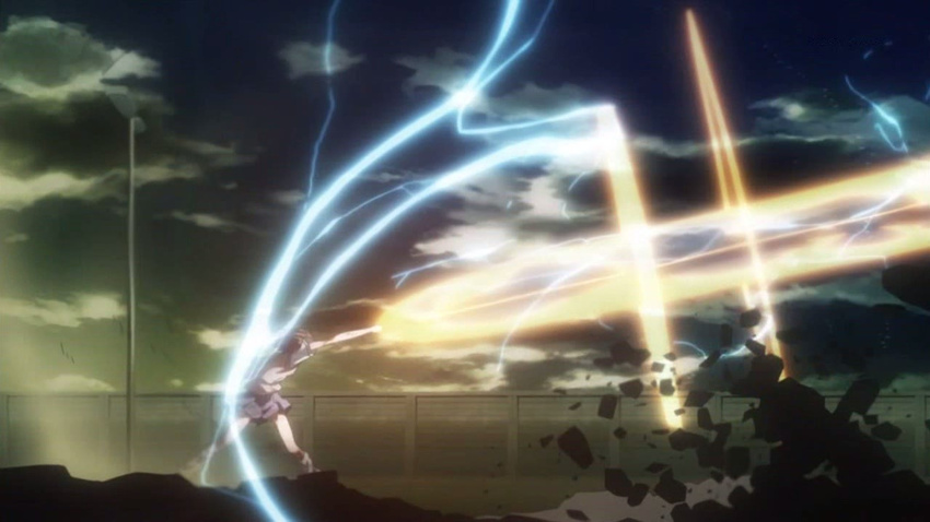 anime_screenshot attack brown_hair brown_sweater brown_sweater_vest brown_vest cloud cloudy_sky day debris electricity electrokinesis energy_beam female firing ground_shatter magnetism medium_hair misaka_mikoto outdoors outstretched_arm psychic railgun_(misaka_mikoto) school_uniform skirt sky sleeveless sleeveless_sweater solo summer_uniform sweater sweater_vest toaru_kagaku_no_railgun toaru_majutsu_no_index tokiwadai_school_uniform vest