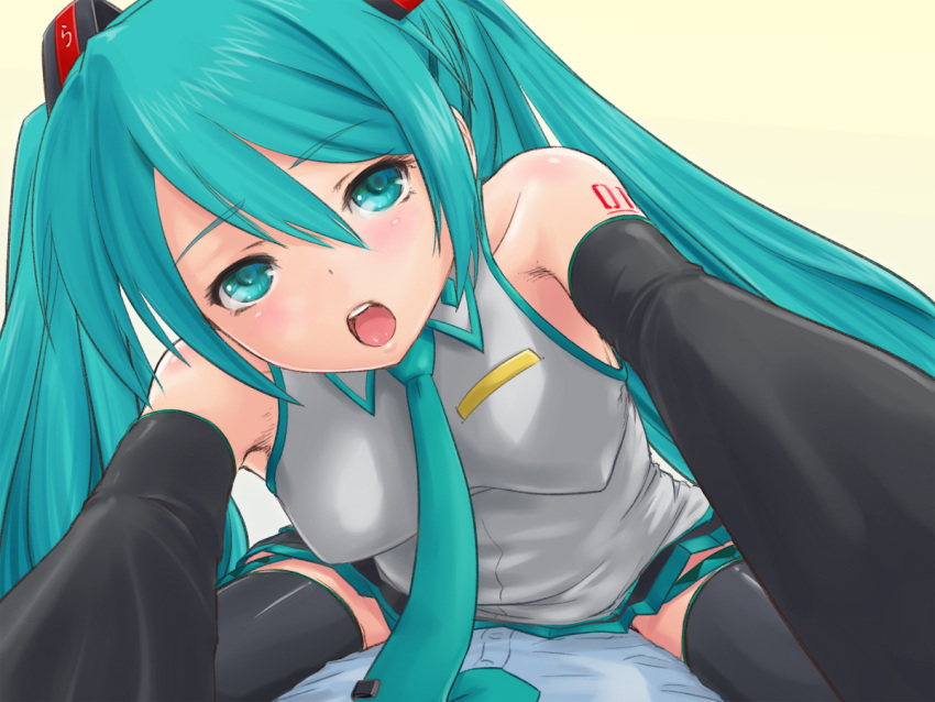 aqua_eyes aqua_hair commentary_request detached_sleeves dutch_angle female hatsune_miku long_hair looking_at_viewer necktie open_mouth pov rasukaru simple_background skirt solo thighhighs twintails vocaloid zettai_ryouiki