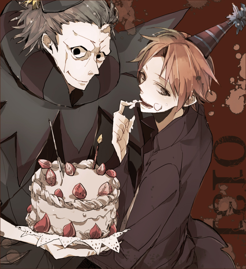 2boys bambino birthday black_eyes black_hair cake commentary_request dated fate/zero fate_(series) food fruit gilles_de_rais_(caster)_(fate) hat highres male_focus multiple_boys orange_hair party_hat photoshop_(medium) strawberry uryuu_ryuunosuke