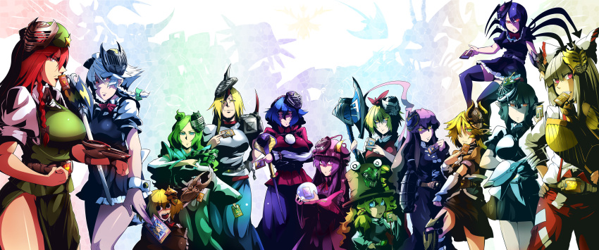 6+girls absurdres alternative_zero asymmetrical_wings axe blonde_hair breasts commentary_request crossed_arms fujiwara_no_mokou green_eyes green_hair grey_hair hair_over_one_eye hat highres hijiri_byakuren hong_meiling horns hoshiguma_yuugi houjuu_nue izayoi_sakuya kamen_rider kamen_rider_femme kamen_rider_gai kamen_rider_imperer kamen_rider_knight kamen_rider_odin kamen_rider_ouja kamen_rider_raia kamen_rider_ryuga kamen_rider_ryuki kamen_rider_ryuki_(series) kamen_rider_scissors kamen_rider_tiger kamen_rider_verde kamen_rider_zolda kochiya_sanae large_breasts legs long_hair maid_headdress mask mizuhashi_parsee moriya_suwako multiple_girls orb parody patchouli_knowledge purple_hair pyonta red_eyes red_hair rumia sagattoru shameimaru_aya short_hair single_horn thighhighs toramaru_shou touhou weapon wings yasaka_kanako zettai_ryouiki