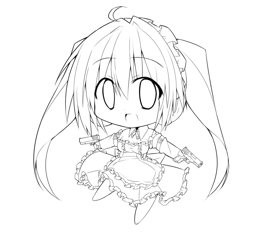 bibi02 chibi commentary_request copyright_request dual_wielding female greyscale gun highres holding line_art monochrome open_mouth solo transparent_background twintails weapon