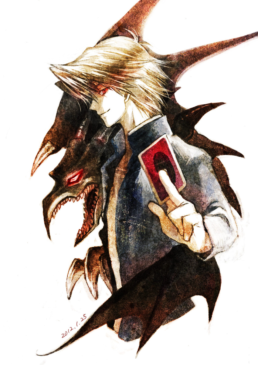 1boy blonde_hair card commentary_request domino_high_school_uniform dragon duel_monster glowing glowing_eyes highres holding holding_card jonouchi_katsuya male_focus profile red-eyes_black_dragon red_eyes school_uniform solo sugi yu-gi-oh! yu-gi-oh!_duel_monsters