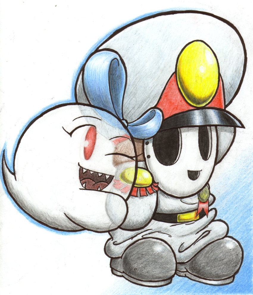 blue_bow boo bow female general_guy general_hat happy hat highres hug mask military military_outfit military_uniform nintendo no_humans paper_mario red_eyes shy_guy simple_background super_mario_bros. uniform white_background white_clothes wink