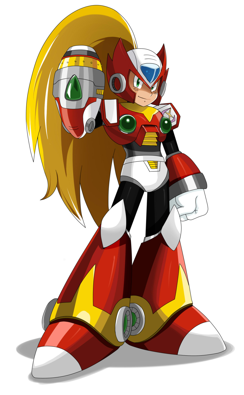 1boy absurdres android arm_cannon arm_up armor blonde_hair bodysuit boots commentary english_commentary eric_lowery forehead_jewel gloves helmet highres long_hair male_focus mega_man_(series) mega_man_x_(series) pose robot_ears shadow simple_background solo standing very_long_hair weapon zero_(mega_man)