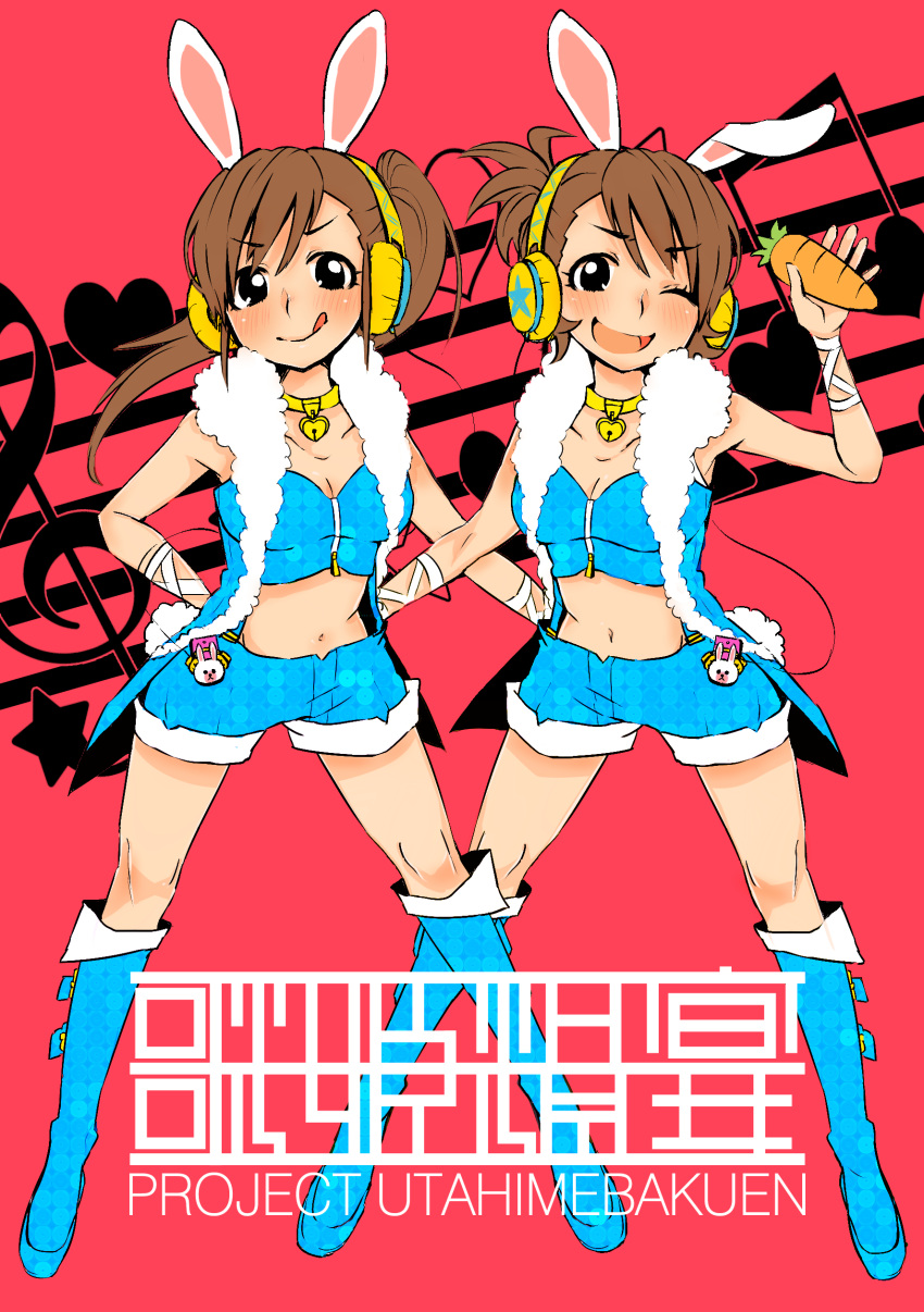 2girls :p absurdres animal_ears bad_id bad_pixiv_id boots brown_eyes brown_hair carrot futami_ami futami_mami headphones highres idolmaster idolmaster_(classic) midriff multiple_girls navel one_eye_closed rabbit_ears short_hair shorts siblings side_ponytail sisters sleeveless smile tongue tongue_out twins warabeshi