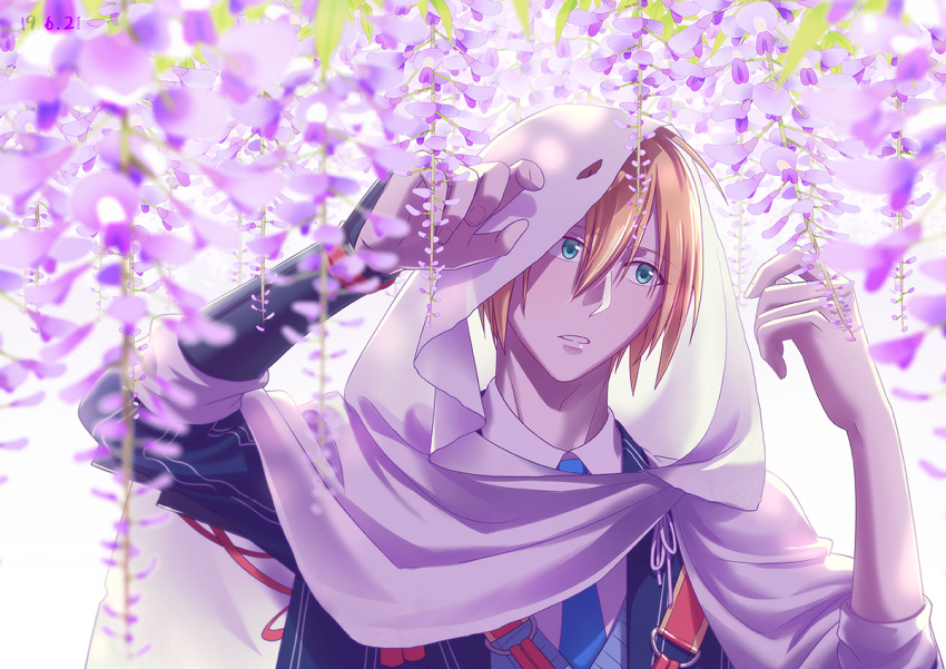 1boy belt blonde_hair blue_eyes blue_necktie bracer cape dated flower hair_between_eyes hood hooded_cape male_focus necktie outdoors parted_lips photoshop_(medium) solo sorges touken_ranbu upper_body white_background white_hood wisteria yamanbagiri_kunihiro