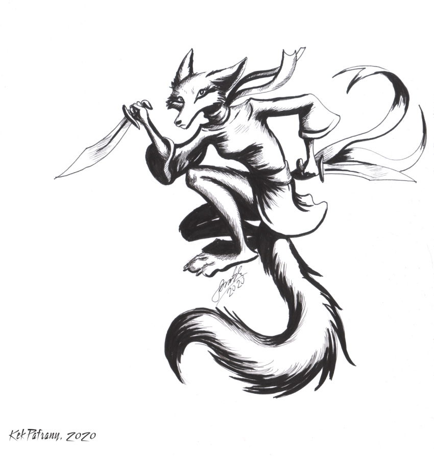 2020 anthro black_nose canid canine clothed clothing crouching female fox hi_res holding_object holding_weapon jumping kekpafrany knife mammal monochrome scarf simple_background solo traditional_media_(artwork) weapon white_background