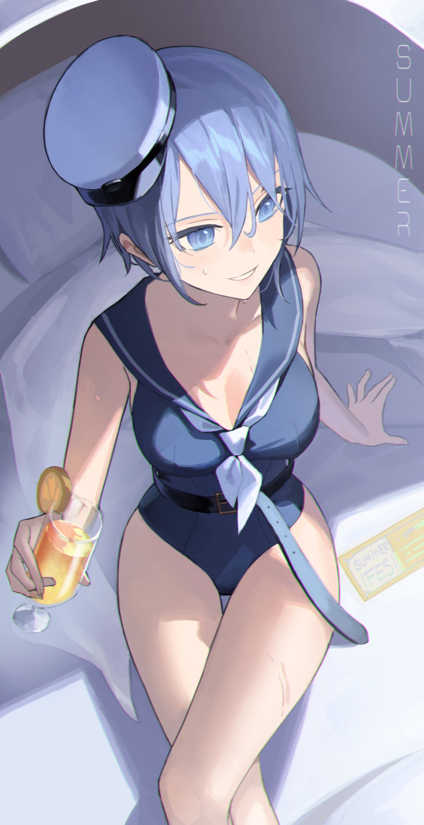 :d absurdres bare_arms bare_shoulders belt belt_buckle blue_eyes blue_hair blue_one-piece_swimsuit blue_sailor_collar breasts buckle casual_one-piece_swimsuit cleavage crossed_legs cup drink drinking_glass english_text female food from_above fruit highres holding holding_cup large_breasts lemon lemon_slice mamima one-piece_swimsuit original parted_lips sailor_collar short_sleeves sitting smile solo swimsuit thigh_gap white_headwear