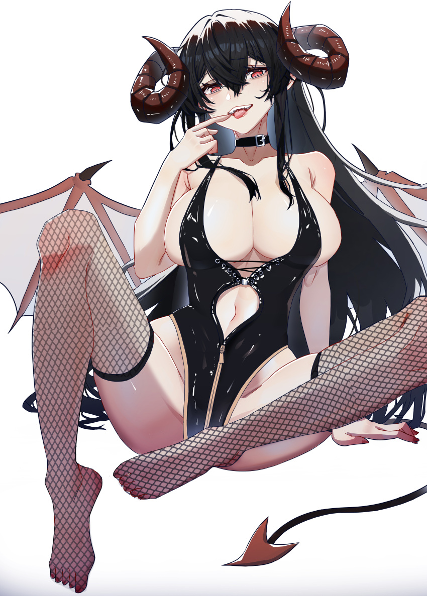 absurdres belt belt_collar black_belt black_hair black_leotard black_thighhighs breasts brown_horns chinese_commentary cleavage clothing_cutout collar commentary curled_horns demon_girl demon_horns demon_tail female finger_to_mouth fishnet_thighhighs fishnets hair_between_eyes highleg highleg_leotard highres horns kongbai_huanxiang large_breasts leotard long_hair looking_at_viewer navel open_mouth original red_eyes saliva sidelocks simple_background smile solo stomach_cutout tail teeth thighhighs tongue tongue_out upper_teeth_only very_long_hair white_background