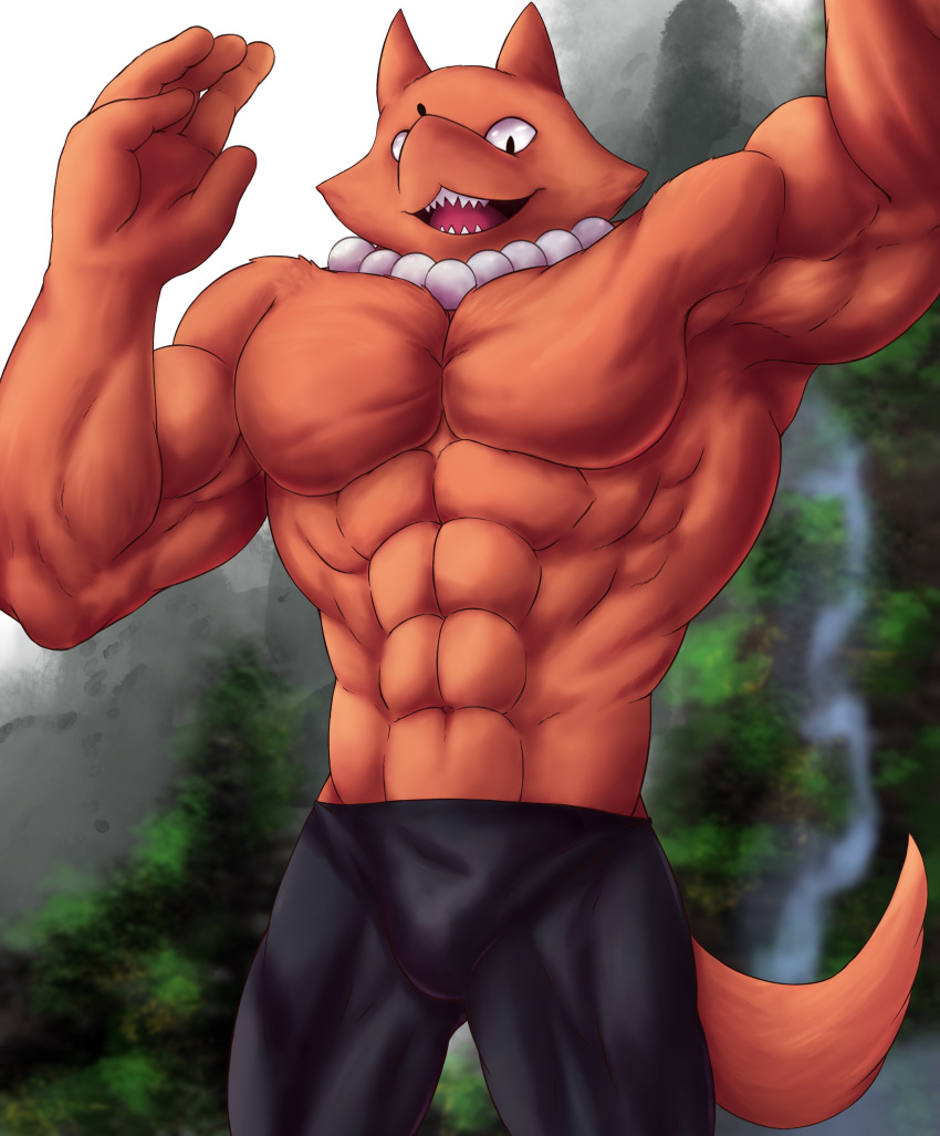 2021 absurd_res anthro biceps big_muscles black_bottomwear black_clothing black_pants bottomwear bulge canid canine cartoon_network chibikoma clothed clothing digital_drawing_(artwork) digital_media_(artwork) fox foxman guardian hi_res male mammal muscular muscular_anthro muscular_male orange_body pants pecs protector sharp_teeth solo spread_legs spreading steven_universe teeth topless topless_anthro topless_male