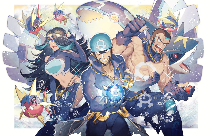 2boys anchor archie_(pokemon) bad_id bad_pixiv_id bandana bare_shoulders beard black_hair blue_hair blue_orb_(pokemon) bubble carvanha clothing_cutout commentary_request facial_hair female gem gloves goggles goggles_on_head grin hip_vent holding holding_poke_ball jewelry kusuribe kyogre long_hair looking_at_viewer matt_(pokemon) multicolored_hair multiple_boys muscular navel necklace partially_fingerless_gloves poke_ball poke_ball_(basic) pokemon pokemon_(creature) pokemon_oras primal_kyogre sharpedo shelly_(pokemon) shoulder_cutout smile streaked_hair team_aqua team_aqua_uniform uniform very_long_hair