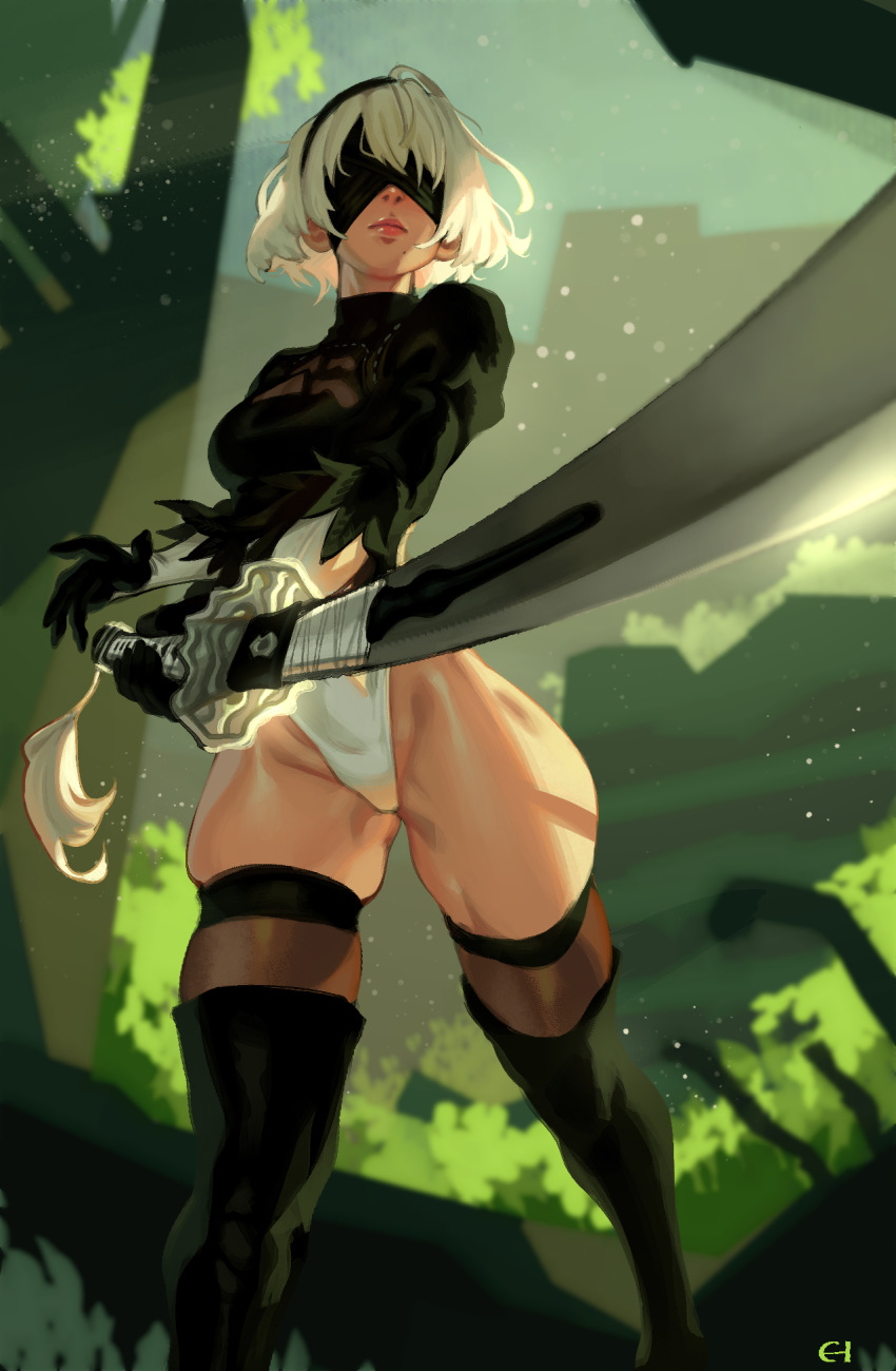 2b_(nier:automata) black_blindfold black_gloves black_hairband blindfold boots breasts cleavage_cutout clothing_cutout covered_eyes eigaka feather-trimmed_sleeves female fighting_stance foreshortening from_below gloves hairband highleg highleg_leotard highres holding holding_sword holding_weapon juliet_sleeves katana leather leather_boots leotard long_sleeves medium_breasts mole mole_under_mouth nier:automata nier_(series) no_pants post-apocalypse puffy_short_sleeves puffy_sleeves see-through see-through_legwear short_hair short_sleeves skindentation solo standing sword thick_thighs thigh_boots thighhighs thighhighs_under_boots thighs virtuous_contract weapon white_hair white_leotard