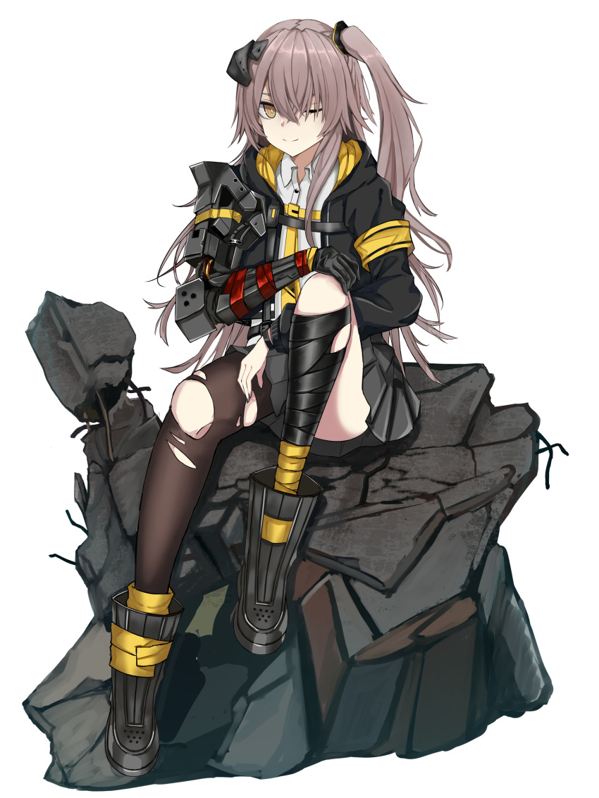 absurdres armband black_footwear black_gloves black_jacket black_skirt black_thighhighs boots brown_eyes brown_hair female girls'_frontline gloves hair_between_eyes hair_ribbon highres jacket koenza_botoke long_hair looking_at_viewer mechanical_arms one_eye_closed ribbon scar scar_across_eye scar_on_face shirt single_glove single_mechanical_arm single_thighhigh sitting skirt smile solo thighhighs torn_clothes torn_thighhighs ump45_(girls'_frontline) ump45_(mod3)_(girls'_frontline) white_background white_shirt yellow_armband