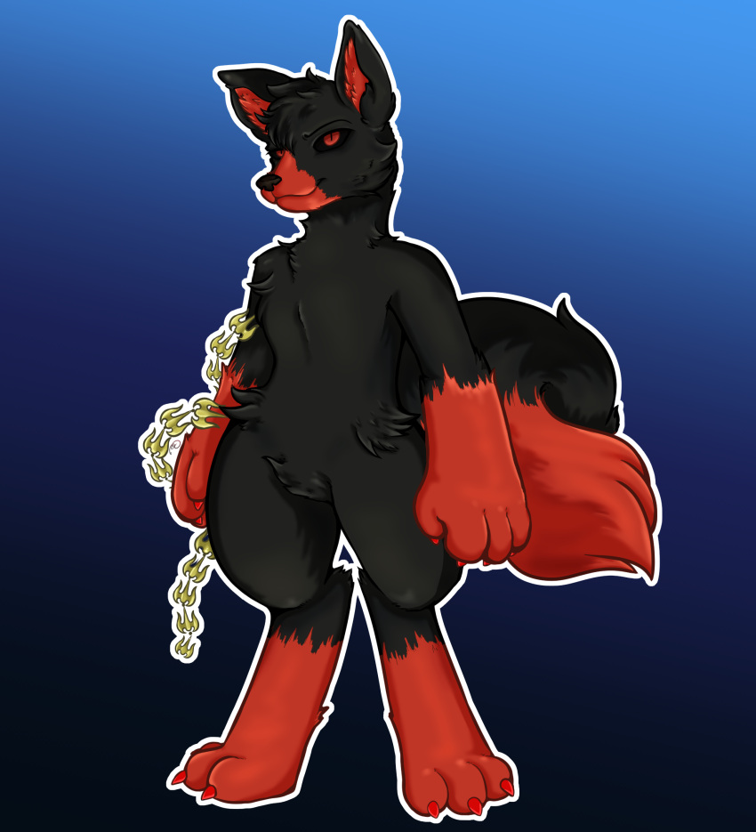 anthro black_body black_fur canid canine canis curled_tail fur hi_res looking_at_viewer male mammal metal_chain model_sheet ramerooni red_body red_eyes red_fur solo tail wolf