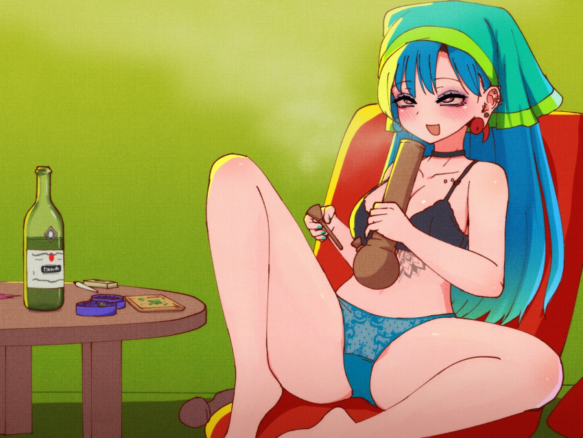 :d alcohol barefoot beer black_bra black_choker blue_hair blue_nails blue_panties blush bong bottle bra breasts bright_pupils choker coffee_table collarbone collarbone_piercing commentary drugged ear_piercing earrings eyeshadow female green_background green_headwear haniyasushin_keiki head_scarf holding holding_bong indoors jewelry joint_(drug) lace lace_panties long_hair magatama makeup marijuana medium_breasts mismatched_underwear multiple_piercings on_chair open_mouth panties piercing pink_eyes plug_(piercing) sitting smile smoke spread_legs stoned straight_hair table tattoo touhou underwear underwear_only zakku_(kya--193)