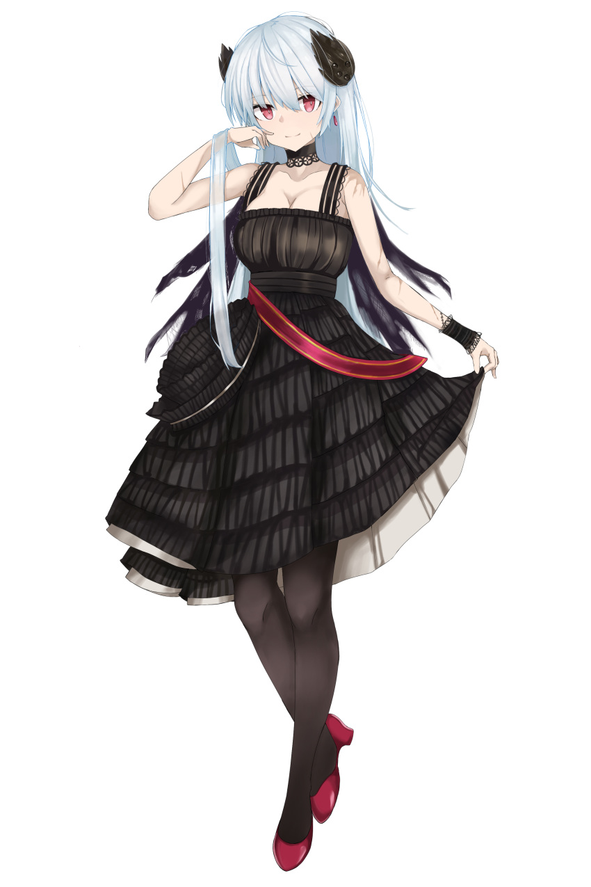 absurdres black_dress black_thighhighs blue_hair bracer breasts cleavage collarbone curtsey dress earrings female full_body girls'_frontline hair_ornament hand_in_own_hair highres jewelry koenza_botoke large_breasts long_hair looking_at_viewer medium_breasts official_alternate_costume red_eyes red_footwear shoes skirt_hold smile solo thighhighs thunder_(black_swan's_dream)_(girls'_frontline) thunder_(girls'_frontline) white_background