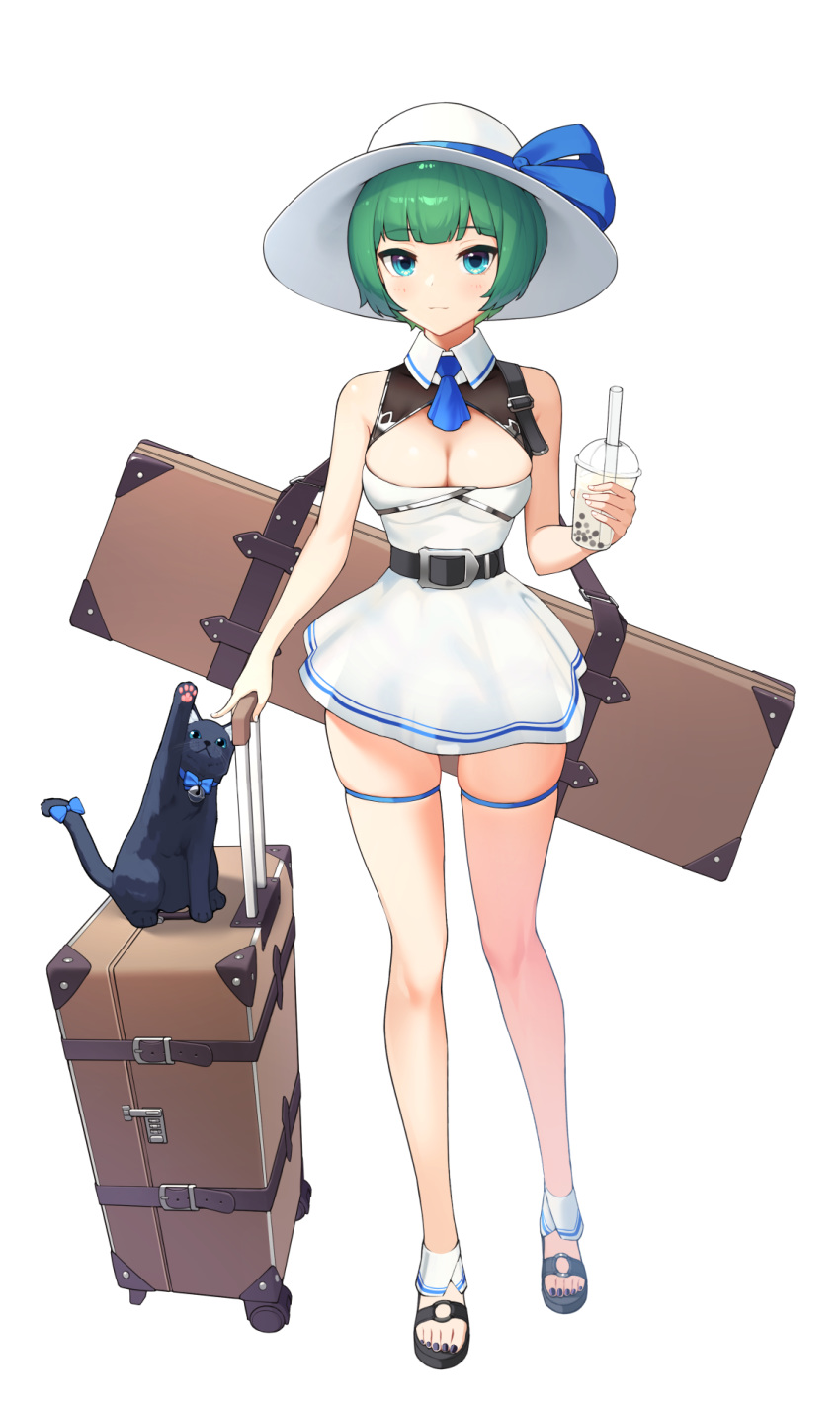 bangs belt blue_eyes blush breasts bubble_tea cleavage cleavage_cutout cup disposable_cup dress drink drinking_straw ett eyebrows_visible_through_hair feline female full_body green_hair hat highres last_origin sandals short_dress short_hair suitcase sun_hat tea transparent_background vanilla_a1 white_dress