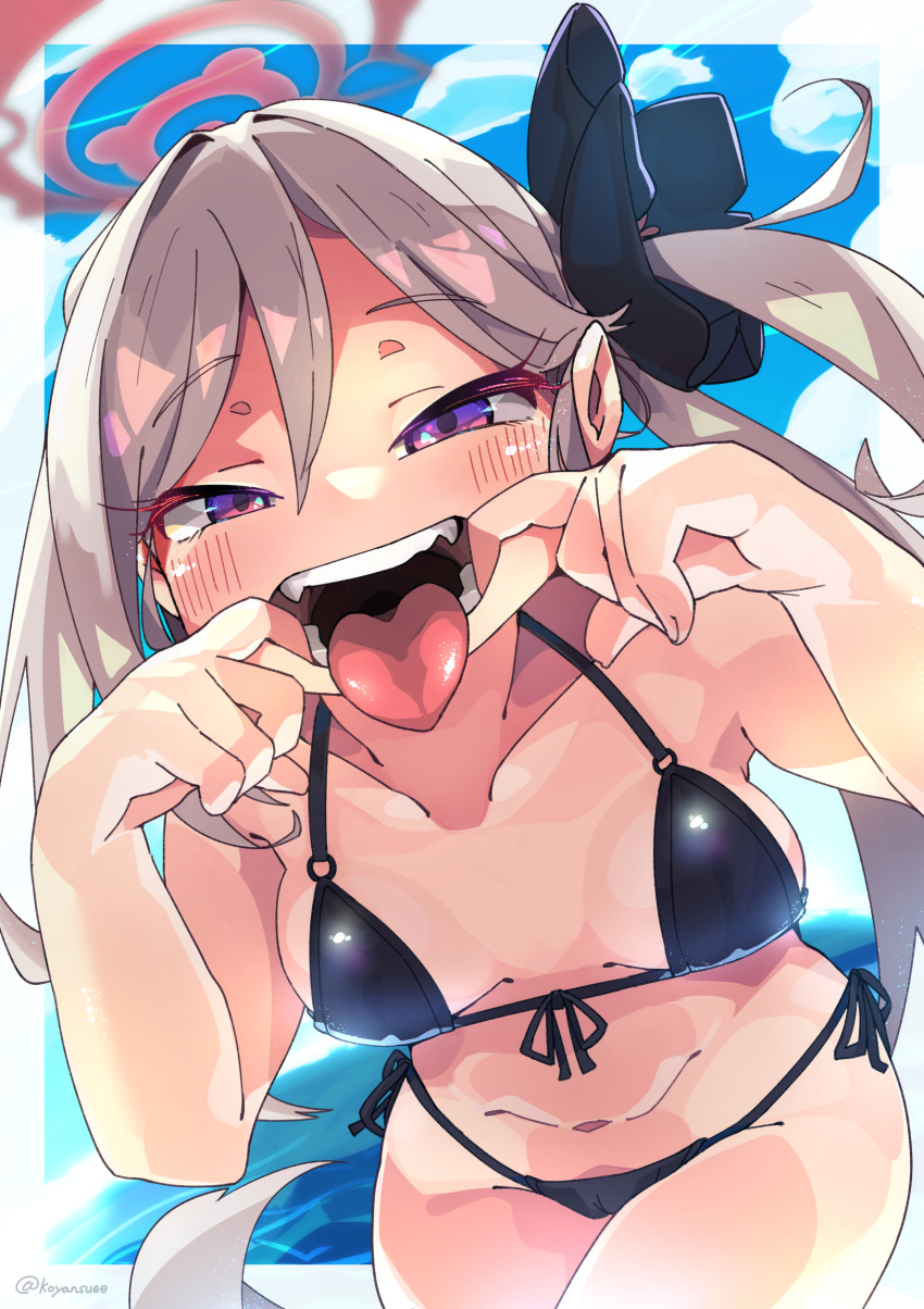 absurdres bad_id bad_pixiv_id bikini black_bikini blue_archive blush cloud collarbone cowboy_shot day fangs female finger_in_own_mouth fingersmile flower front-tie_bikini_top front-tie_top grey_hair hair_flower hair_ornament halo highres koyansuee long_hair looking_at_viewer micro_bikini mouth_focus mutsuki_(blue_archive) navel ocean open_mouth oral_invitation pointy_ears purple_eyes side-tie_bikini_bottom side_ponytail sky solo standing swimsuit teeth tongue tongue_out very_long_hair