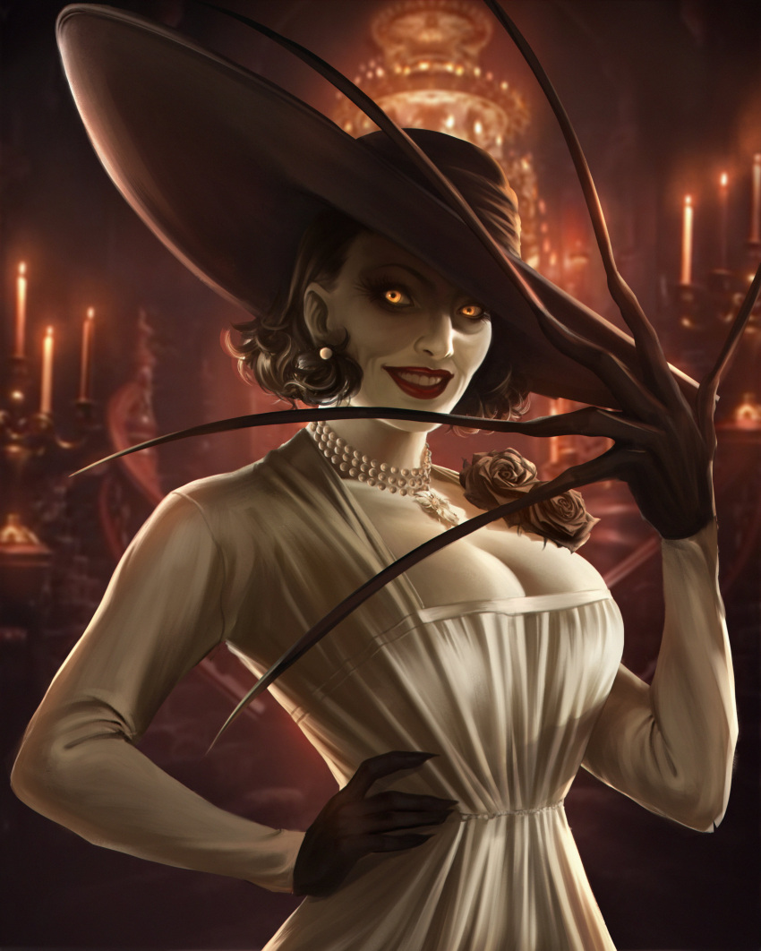 absurdres alcina_dimitrescu black_gloves breasts caio_santos candle candlestand castle claws cleavage dress earrings female fingernails flower gloves hand_on_own_hip hat highres jewelry looking_at_viewer makeup necklace pearl_necklace resident_evil resident_evil_village rose sharp_fingernails short_hair solo sun_hat white_dress yellow_eyes