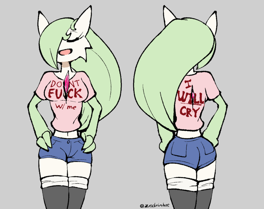 2019 ass bottomwear breasts closed_eyes clothing english_text female front_view furgonomics gardevoir generation_3_pokemon hand_on_hip marissa_(zedrin) nintendo not_furry open_mouth pokemon pokemon_(species) rear_view shirt shorts smile solo text text_on_clothing topwear zedrin