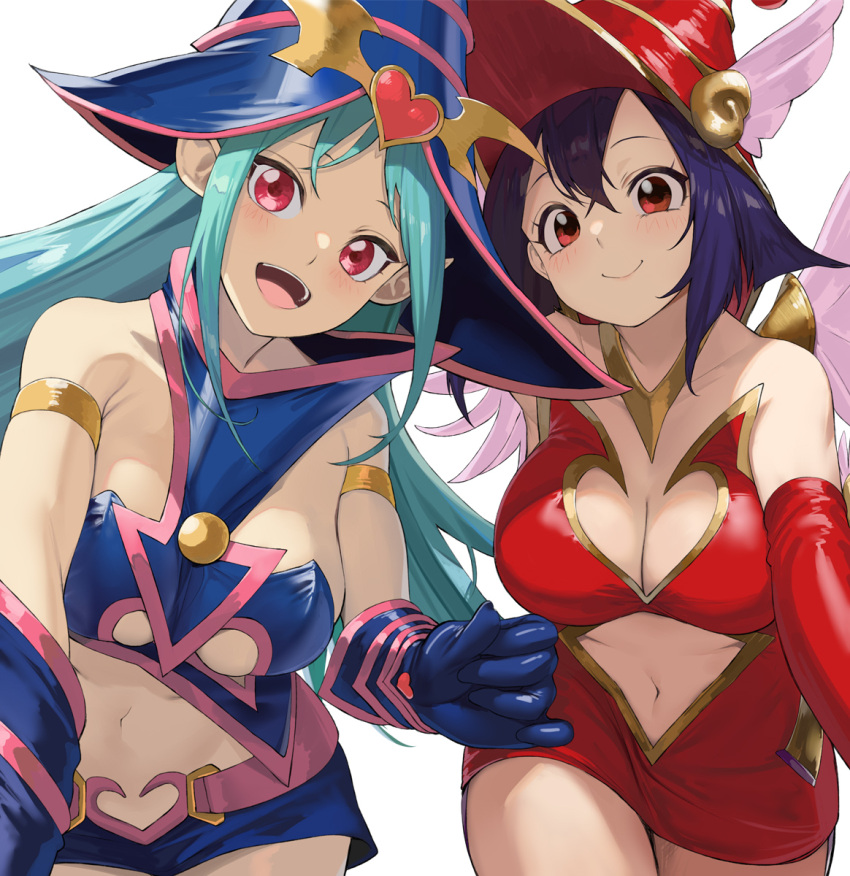 2girls apple_magician_girl aqua_hair bare_shoulders blue_headwear breasts brown_eyes chocolate_magician_girl cleavage cleavage_cutout clothing_cutout dress duel_monster elbow_gloves gloves highres large_breasts medium_hair miniskirt multiple_girls navel_cutout open_mouth pointy_ears purple_hair red_eyes red_headwear skirt underboob_cutout winged_hat yappen yu-gi-oh!