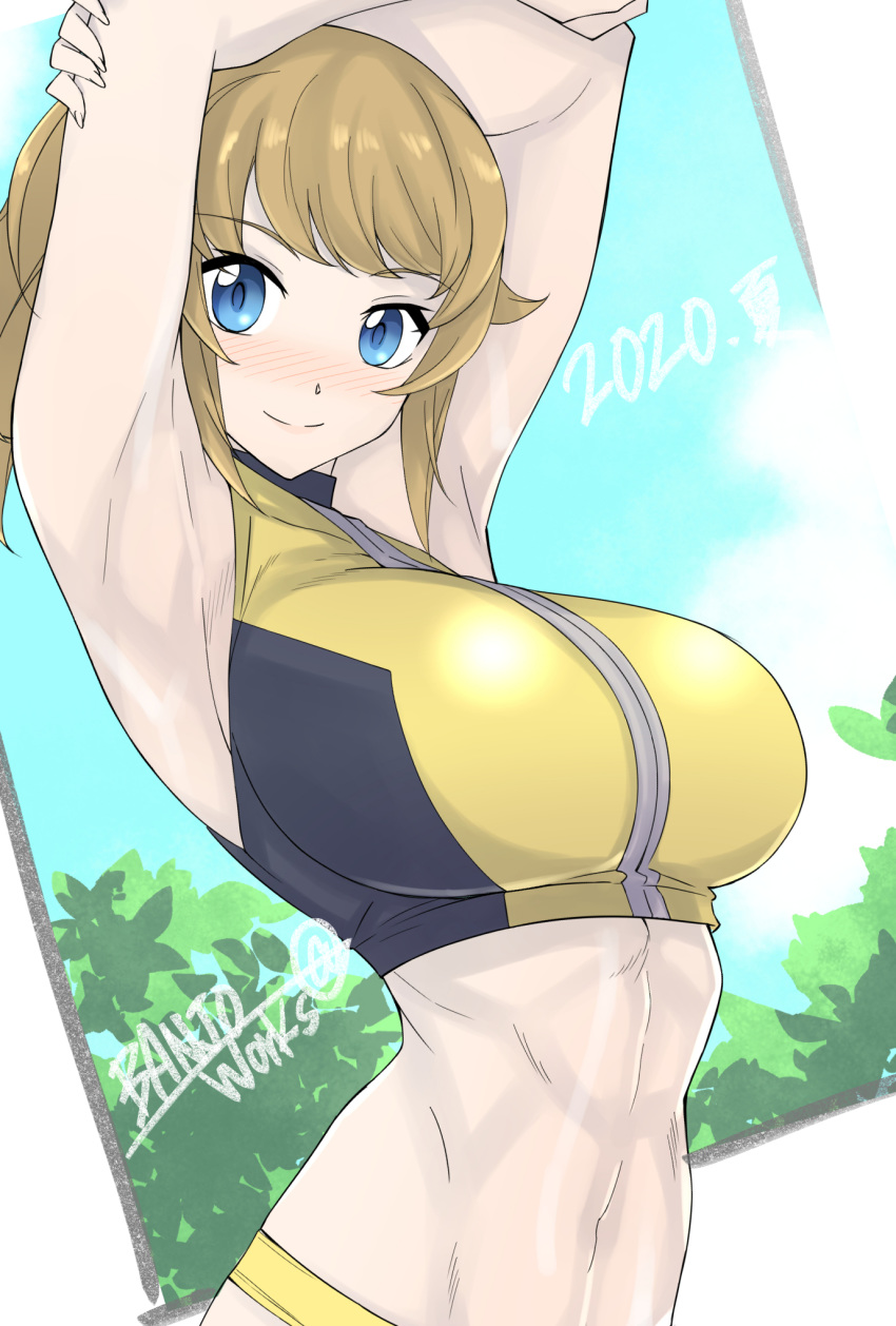 armpits arms_behind_back bad_id bad_twitter_id banjo_(technistep) blue_eyes blush breasts brown_hair closed_mouth commentary_request female gundam gundam_build_fighters gundam_build_fighters_try highres hoshino_fumina large_breasts looking_down midriff navel signature solo sports_bra two-tone_sports_bra