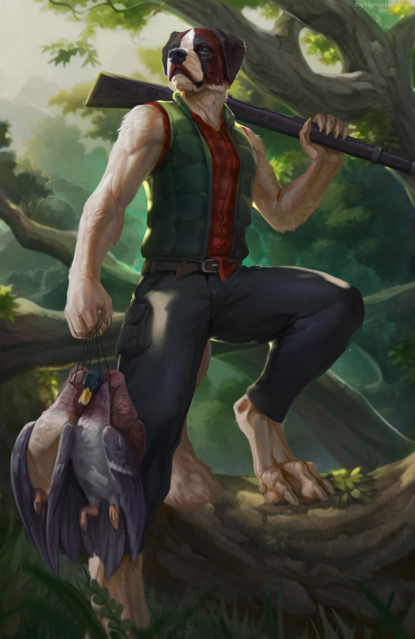 2022 5_fingers anthro bolt-action bolt-action_rifle bolt_action bolt_action_rifle canid canine canis claws day detailed_background digital_media_(artwork) domestic_dog feet fingers forest grass gun hi_res m1_garand male mammal outside plant ranged_weapon rifle silgiriya_mantsugosi toes tree weapon