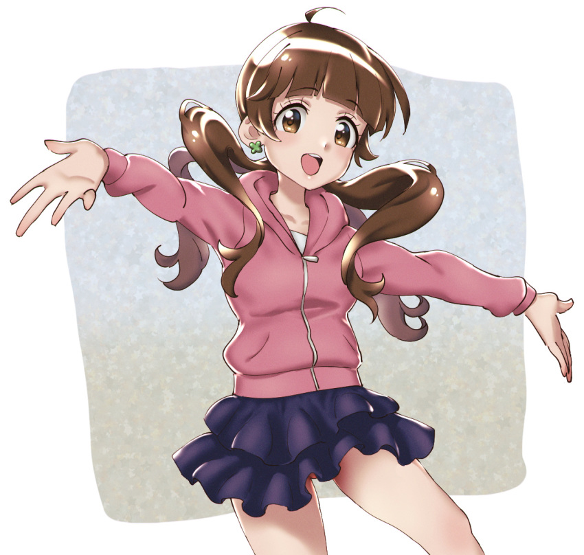 :o blue_skirt blunt_bangs brown_eyes brown_hair clover_earrings female grey_background hood hood_down hoodie houkago_saikoro_club long_hair long_sleeves looking_at_viewer mister_alof outstretched_arms pink_hoodie simple_background skirt solo standing takayashiki_aya twintails zipper