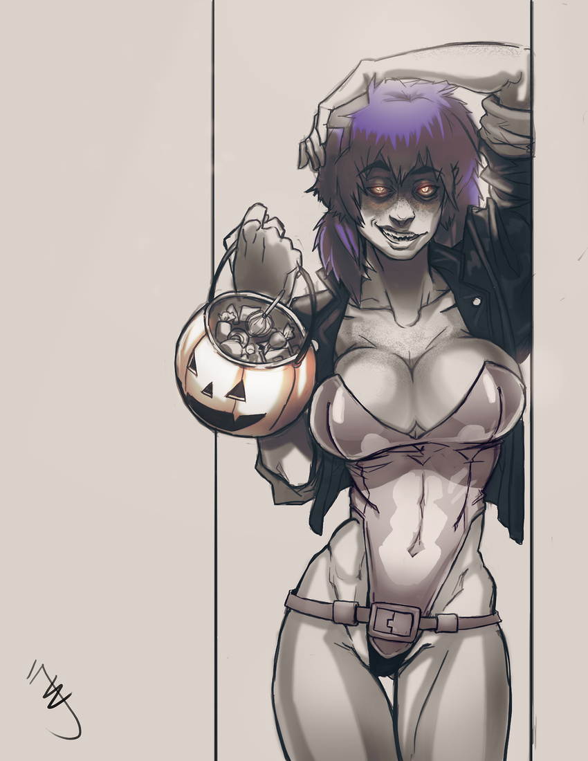 andava belt breasts candy claudia_(andava) claudia_emma_cross cleavage collarbone cosplay cropped_jacket doorway erect_nipples eyebrows freckles ghost_in_the_shell ghost_in_the_shell_stand_alone_complex glowing glowing_eyes grin halloween highleg highleg_leotard highres jack-o'-lantern kusanagi_motoko kusanagi_motoko_(cosplay) large_breasts leotard orange_eyes original purple_hair rape_face short_hair sleeves_rolled_up smile solo thick_eyebrows thigh_gap