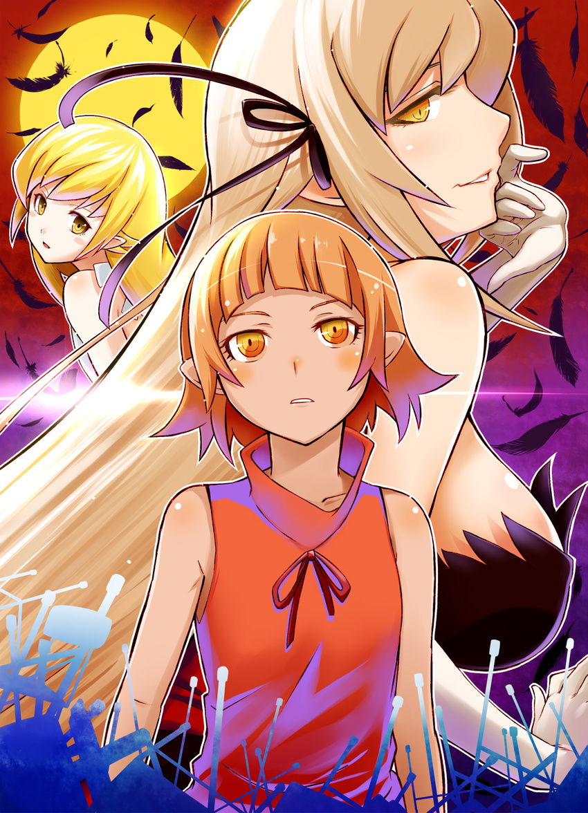 3girls bakemonogatari blonde_hair blush_stickers breasts commentary_request feathers full_moon hair_ribbon highres kiss-shot_acerola-orion_heart-under-blade kizumonogatari large_breasts long_hair monogatari_(series) moon multiple_girls multiple_persona oshino_shinobu pointy_ears ribbon short_hair sleeveless smile yellow_eyes yuki_mizore