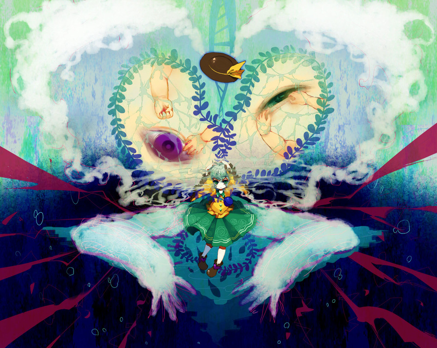 baby commentary_request female green_eyes hands hat heart highres komeiji_koishi monozu photoshop_(medium) purple_eyes solo spell_card third_eye touhou