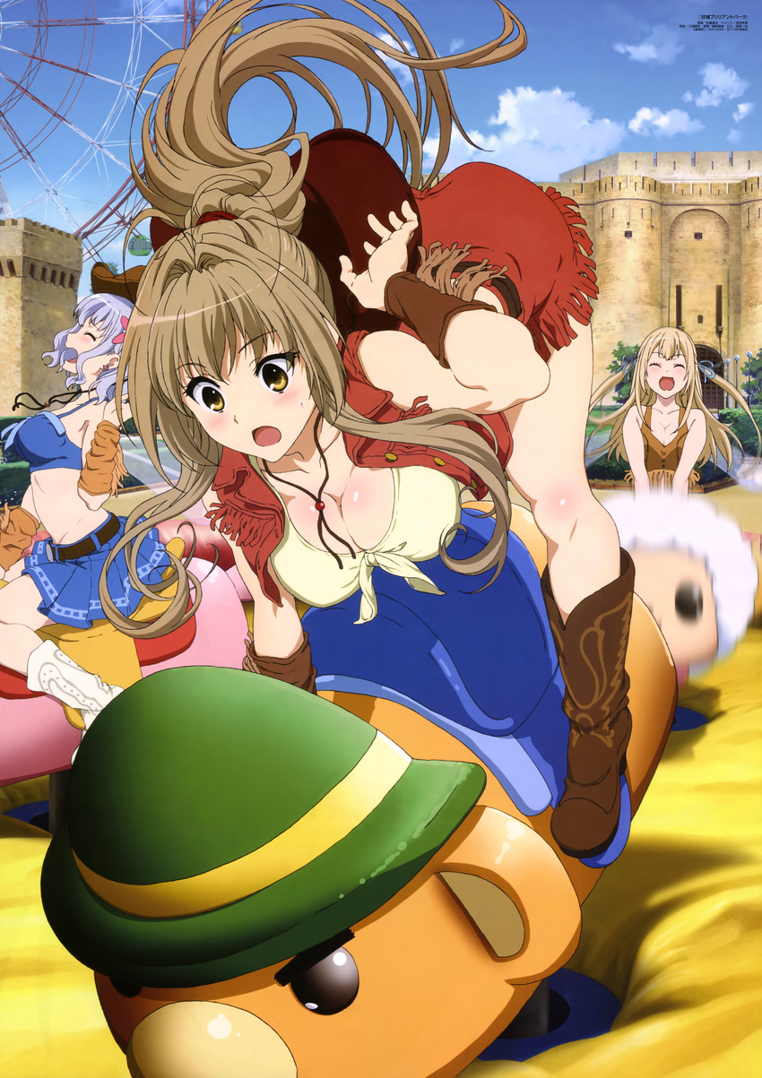 3girls :d ^_^ absurdres amagi_brilliant_park amusement_park belt boots breasts cleavage closed_eyes copyright_name cowboy_boots cowboy_hat cowboy_western ferris_wheel fringe_trim front-tie_top hair_ribbon hat highres large_breasts macaron_(amaburi) medium_breasts moffle multiple_girls muse_(amaburi) nyantype official_art open_mouth ponytail ribbon satou_tatsuya sento_isuzu skirt smile sylphy_(amaburi) tears tiramii unworn_hat unworn_headwear vest wavy_hair