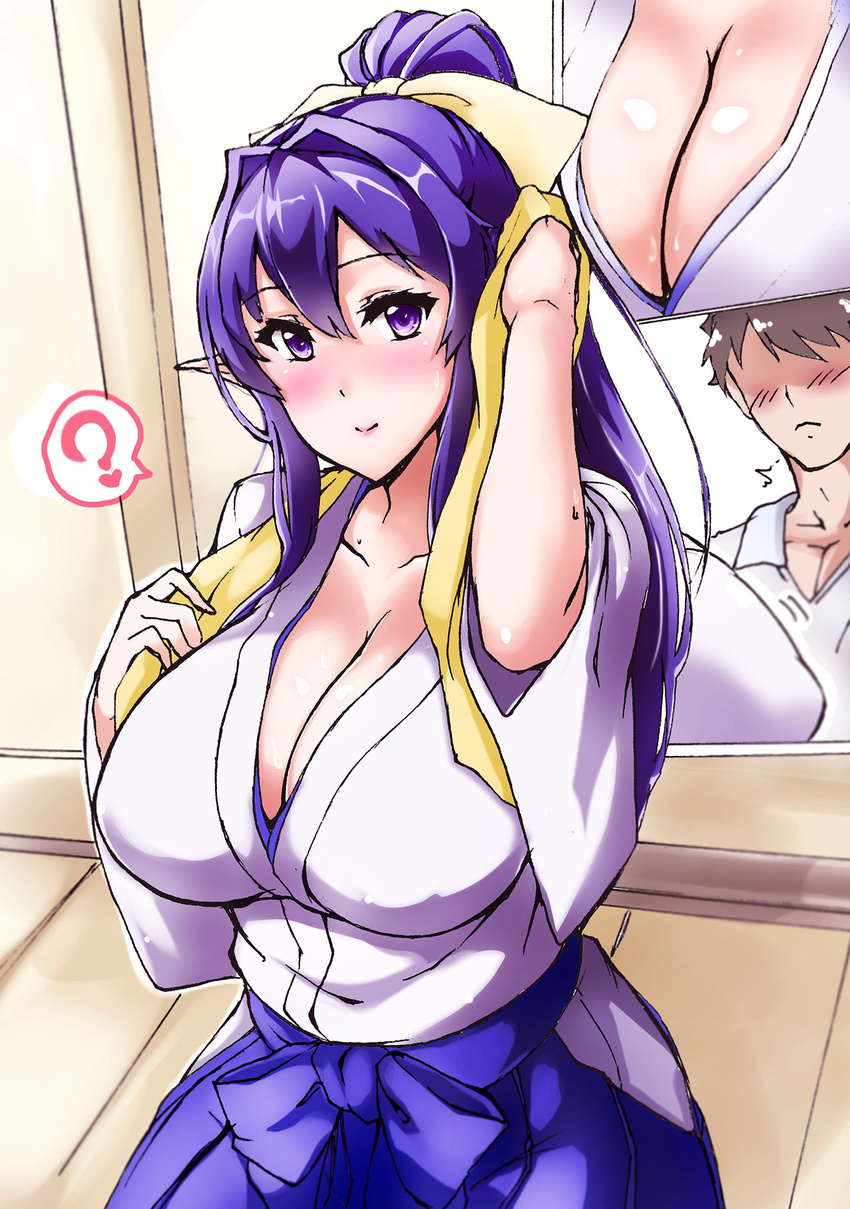 1boy blush bolobolo breasts cleavage collarbone cross_section dojo elf female hair_ornament hair_ribbon highres indoors japanese_clothes kimono large_breasts long_hair long_skirt looking_at_viewer original ponytail purple_eyes purple_hair ribbon skirt solo_focus standing straight towel