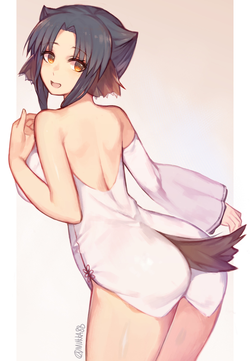 animal_ears atuy back bare_shoulders blue_hair breasts brown_eyes commentary detached_sleeves female from_behind highres large_breasts leaning_forward looking_back mukka sidelocks solo tail twitter_username utawarerumono utawarerumono:_itsuwari_no_kamen