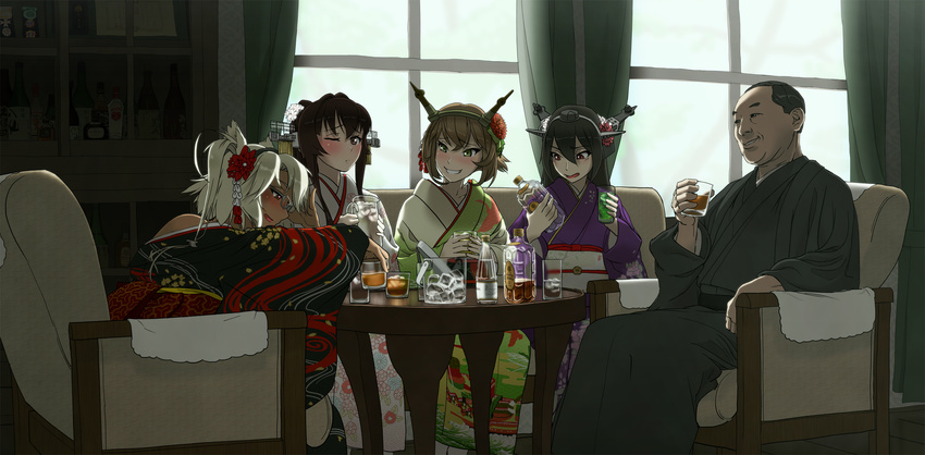 1boy 4girls alcohol alternate_costume antimacassar arm_support armchair bad_id bad_pixiv_id bare_shoulders black_hair blonde_hair blush bottle brown_eyes brown_hair bucket cabinet chair commentary_request cup curtains dark-skinned_female dark_skin drinking_glass drunk floral_print flower furisode glass glasses green_eyes grey-framed_eyewear grin hair_between_eyes hair_flower hair_ornament headgear highres holding holding_cup ice ice_cube indoors jack_daniel's japanese_clothes kantai_collection kanzashi kimono leaning_forward light_frown long_hair long_sleeves looking_at_another medal multiple_girls musashi_(kancolle) mutsu_(kancolle) nagato_(kancolle) obi off_shoulder one_eye_closed ooku pale_skin pitcher_(container) print_kimono product_placement profile real_life red_eyes sake_bottle sash semi-rimless_eyewear sitting smile suntory table tree two_side_up vodka wallpaper_(object) whiskey white_hair wide_sleeves wince window winter yamato_(kancolle) yonai_mitsumasa