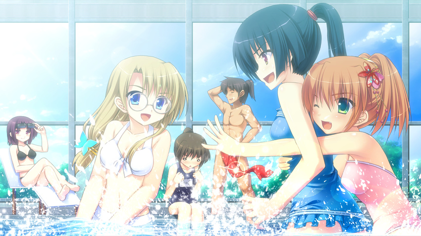 game_cg gekitama! glasses miyamoto_kikka natsuki_shuri sasaki_rin swimsuit tsukahara_yurina water