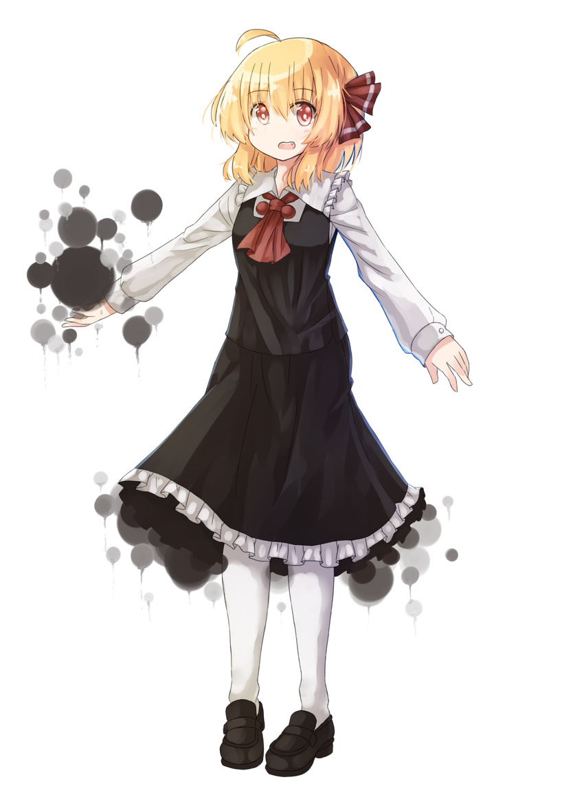 absurdres blonde_hair chilia012 collared_shirt commentary_request darkness female frilled_skirt frills full_body hair_ribbon highres open_mouth pantyhose red_eyes ribbon rumia shirt short_hair skirt solo touhou transparent_background vest wing_collar