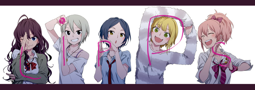 5girls :3 bare_shoulders black_eyes black_hair blonde_hair blue_eyes blush bow bowtie breasts brown_hair cleavage commentary_request earrings facing_another green_eyes grey_hair grin hairbow hayami_kanade high_ponytail ichinose_shiki idolmaster idolmaster_cinderella_girls idolmaster_cinderella_girls_starlight_stage jewelry jougasaki_mika kyouno letter_pose lineup lipps_(idolmaster) long_hair looking_at_viewer medium_breasts miyamoto_frederica multiple_girls necklace necktie off_shoulder one_eye_closed open_mouth parted_bangs pink_hair ponytail pose school_uniform scrunchie shiomi_syuko short_hair smile unbuttoned wrist_scrunchie yellow_eyes