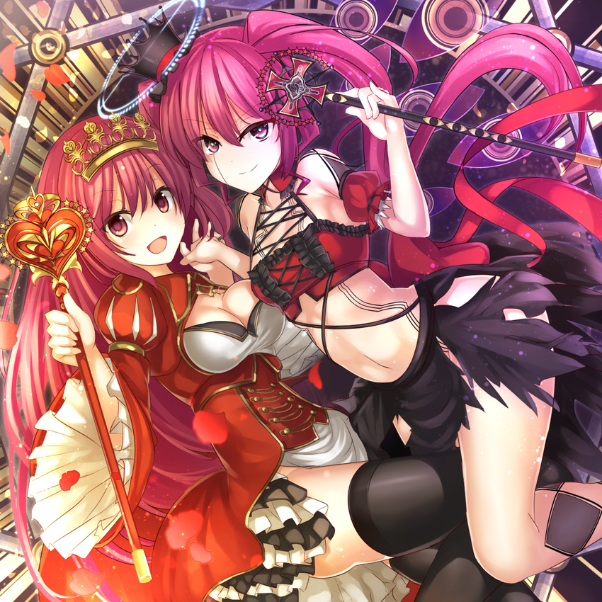 2girls black_legwear breasts cleavage commentary_request crown detached_sleeves dress evil_eye_(sound_voltex) grace_(sound_voltex) halo halterneck heart_wand highres holding_hands janne_cherry juliet_sleeves large_breasts long_sleeves looking_at_viewer midriff multiple_girls navel open_mouth pink_eyes pink_hair puffy_short_sleeves puffy_sleeves rasis red_dress red_eyes red_hair short_sleeves skirt smile sound_voltex thighhighs thighs tiara wand wide_sleeves