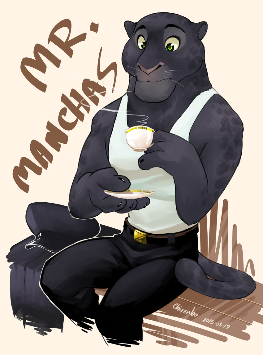 absurd_res anthro belt biped black_body black_fur bottomwear chauffeur chirenbo clothed clothing container cup disney felid fully_clothed fur gear green_eyes hi_res holding_container holding_cup holding_object jaguar male mammal melanistic pantherine pants renato_manchas shirt sitting solo tank_top topwear whiskers zootopia