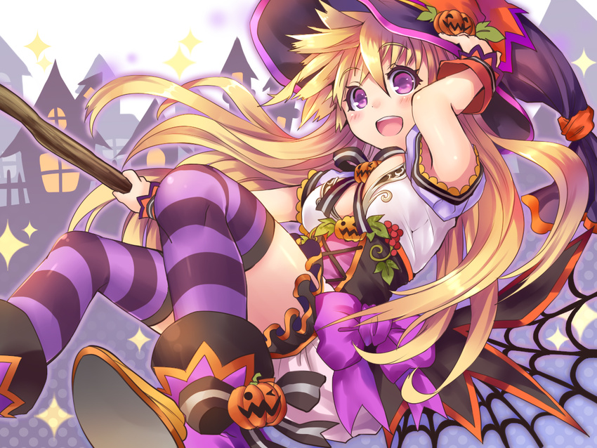 :d blonde_hair bloomers blush breasts commentary_request female halftone halftone_background halloween hand_on_headwear hat jack-o'-lantern kobanzame long_hair medium_breasts open_mouth original purple_eyes purple_thighhighs silk smile solo sparkle spider_web striped_clothes striped_thighhighs thighhighs underwear witch_hat wrist_cuffs