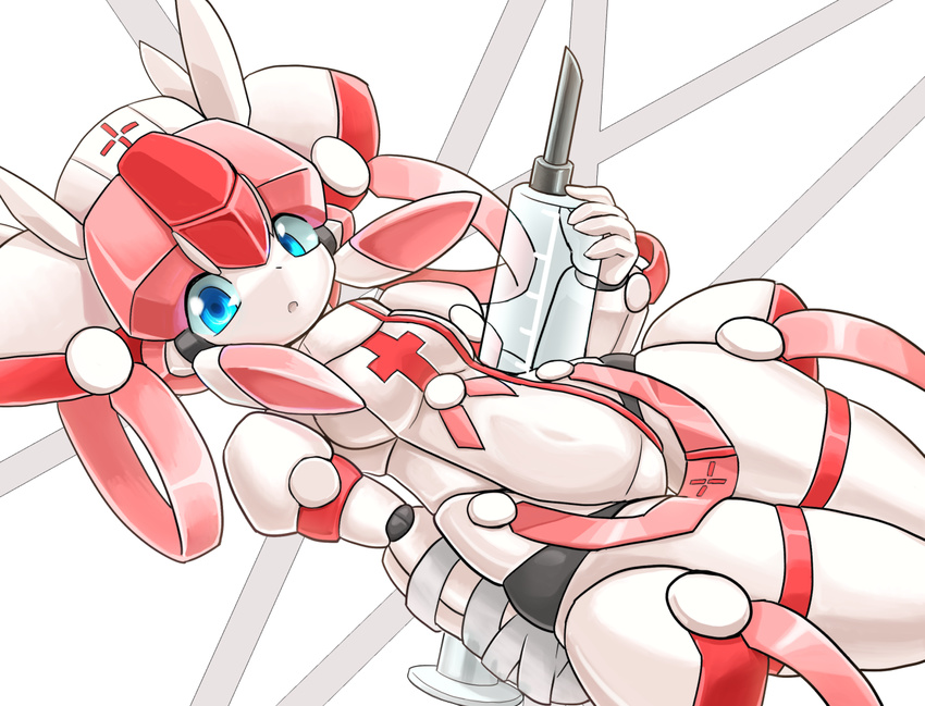 armor bandages blue_eyes commentary_request female kitsuan large_syringe mecha_musume nurse original oversized_object solo syringe