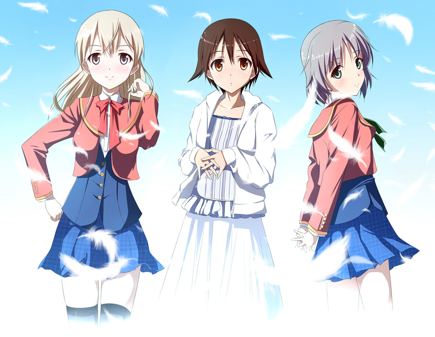 3girls 94plum bad_id bad_pixiv_id blonde_hair blue_eyes brown_eyes brown_hair dress eila_ilmatar_juutilainen feathers green_eyes grey_hair highres hood hoodie long_hair miyafuji_yoshika multiple_girls sanya_v._litvyak school_uniform short_hair strike_witches thighhighs world_witches_series