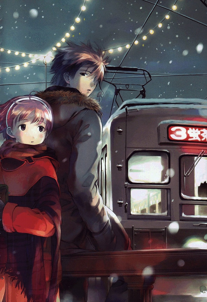 1boy artist_request couple female highres kikuchi_yume mahou_tsukai_ni_taisetsu_na_koto overhead_line pantograph scan snow straight train winter