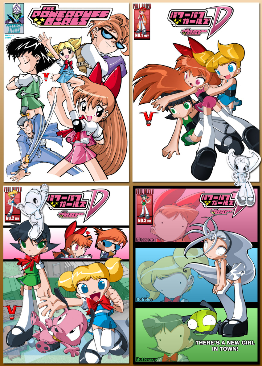 2boys 4girls bell_(ppgd) black_hair bleedman blonde_hair blossom_(ppg) blue_dress blue_eyes brother_and_sister bubbles_(ppg) buttercup_(ppg) commentary courage_(character) courage_the_cowardly_dog dexter's_laboratory dexter_(dexter's_laboratory) dress english_commentary gir_(invader_zim) glasses green_dress green_eyes grey_hair grim_jr. grim_tales_from_down_below highres holding holding_sword holding_weapon invader_zim mini_mandy mojo_jojo multiple_boys multiple_girls orange_hair panties pink_dress powerpuff_girls powerpuff_girls_doujinshi samurai_jack samurai_jack_(character) siblings sisters sword thighhighs underwear weapon