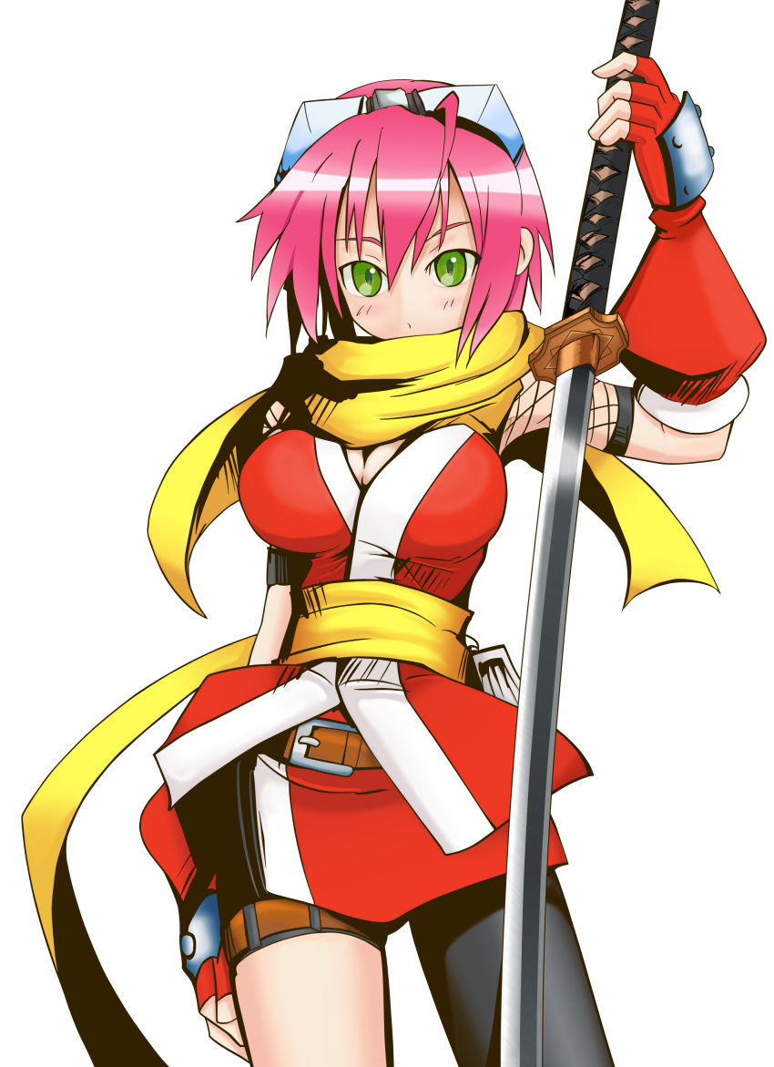 absurdres artist_request belt breasts cleavage elbow_gloves female fishnets gloves goggles gouma_reifuden_izuna green_eyes highres izuna_(gouma_reifuden_izuna) katana large_breasts ninja pink_hair scarf short_hair solo spandex standing sword thigh_strap transparent_background vector_trace weapon