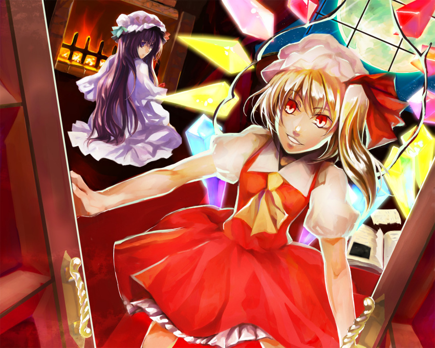 2girls blonde_hair book commentary_request flandre_scarlet hat hat_ribbon highres kouno_matsuri long_hair mob_cap moon multiple_girls one_side_up patchouli_knowledge ponytail purple_eyes purple_hair red_eyes ribbon short_hair touhou wings