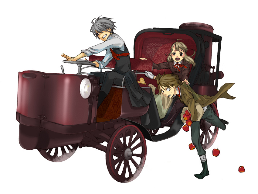 2boys apple brown_hair car female food fruit highres motor_vehicle multiple_boys original silver_hair steampunk todoroki_sora vehicle_focus victorian