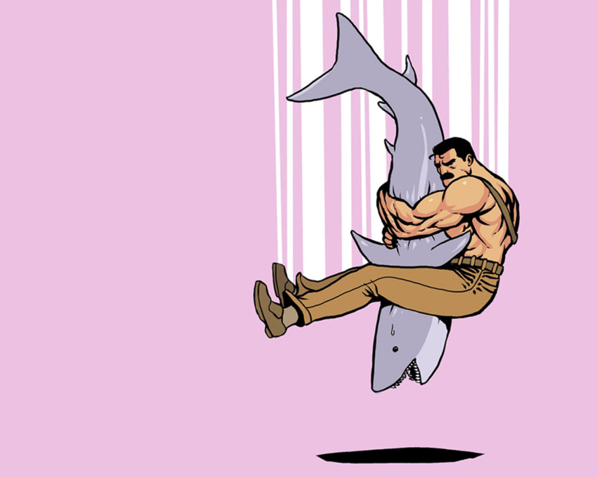 1boy black_hair facial_hair final_fight hug junkboy male_focus mike_haggar moustache muscular muscular_male pants piledriver_(wrestling) shark shoes solo sweatdrop topless_male wrestling